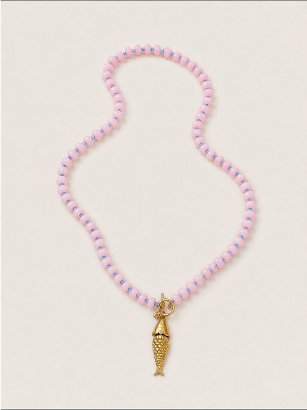 Gold Fish Charm Pink Beaded Necklace